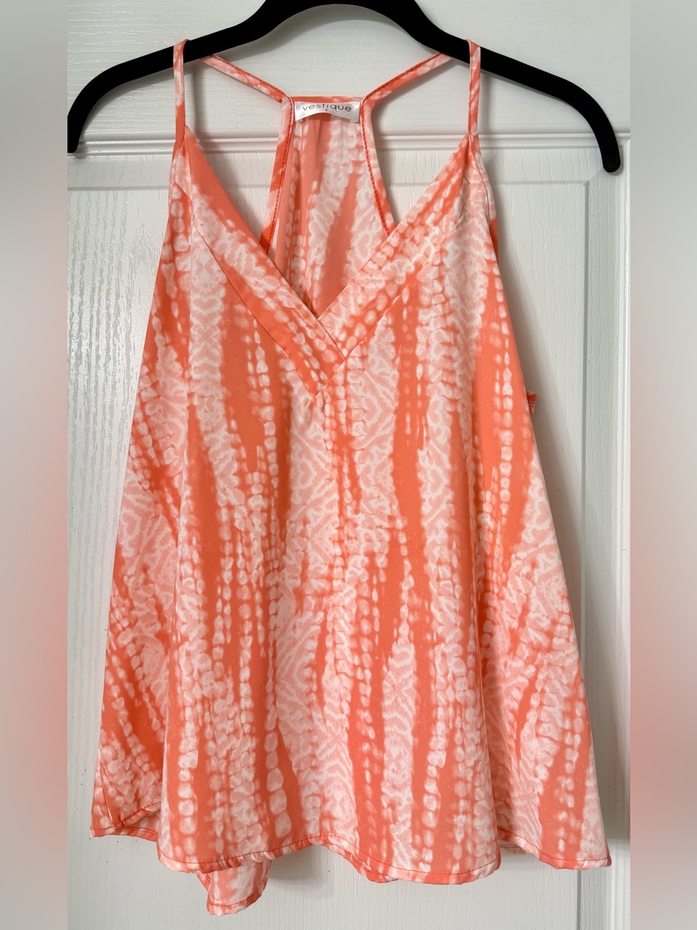 Vestique Coral & White Tie-Dye V-Neck Spaghetti Strap Camisole Top